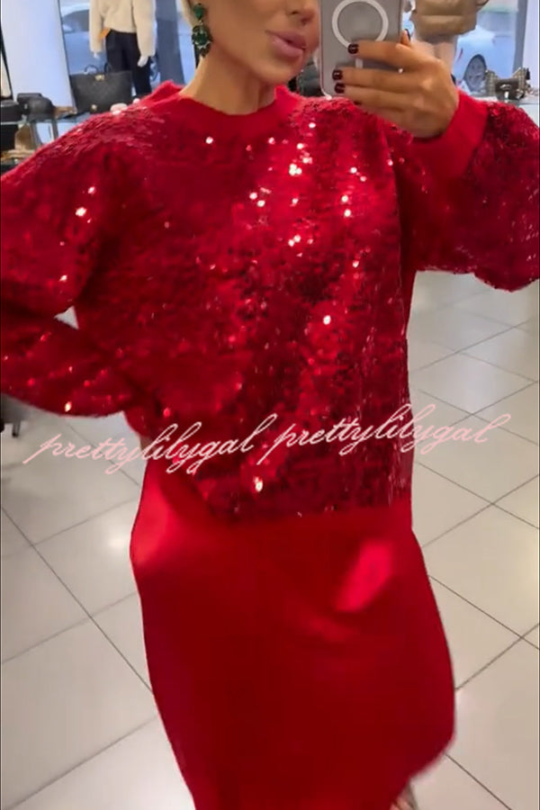 Celebration Day Sequin Patchwork Loose Sweatshirt and Satin Elastic Waist Maxi Skirt Set