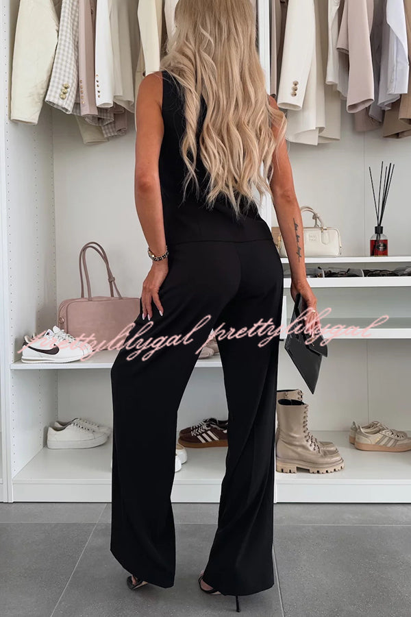 Workplace Chic Sleeveless Button Vest and Relaxed Pocket Wide Leg Pants Set