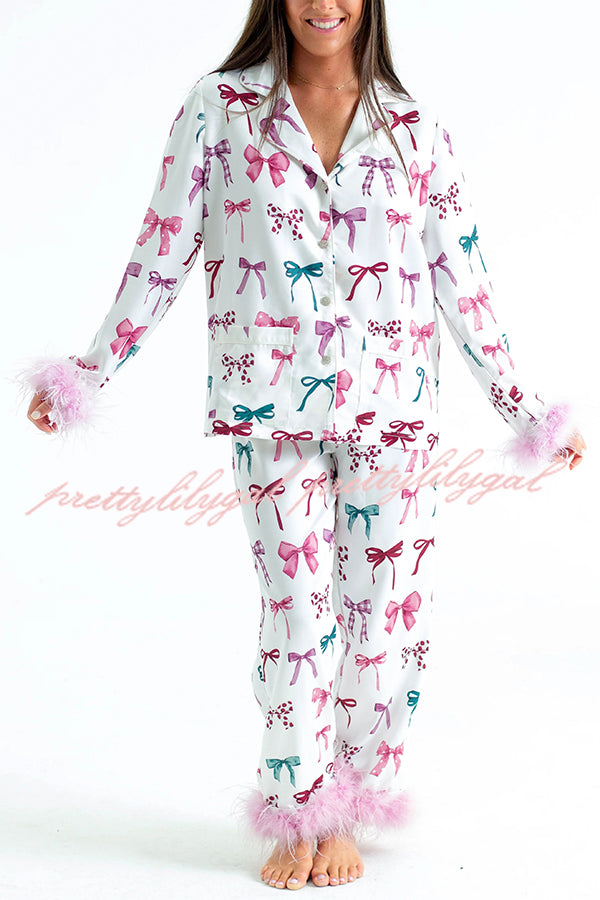 Christmas Besties Party Printed Feather Trim Elastic Waist Pocketed Pajama Set