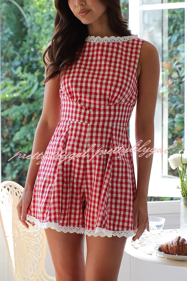 Plaid Print Sleeveless Pleated Waist Casual Rompers