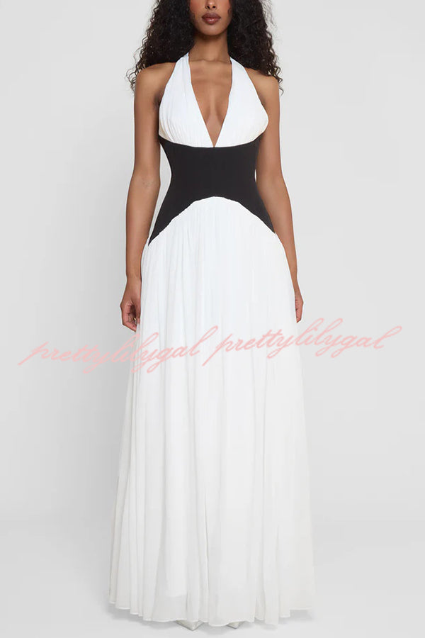 Fashionable Color Matching Sexy Halter Neck Waist Maxi Dress