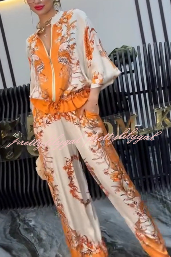 Unique Printed Casual Long-sleeved Loose Top and Elastic Waist Pocket Wide-leg Pants Set