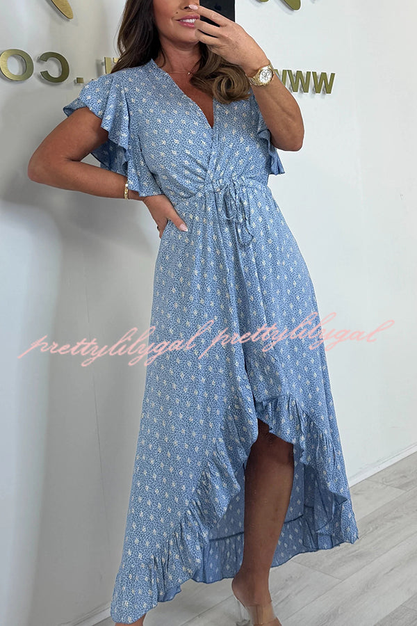 Resort Style V-neck Ruffle Sleeves Waist Tie Irregular Midi Dress