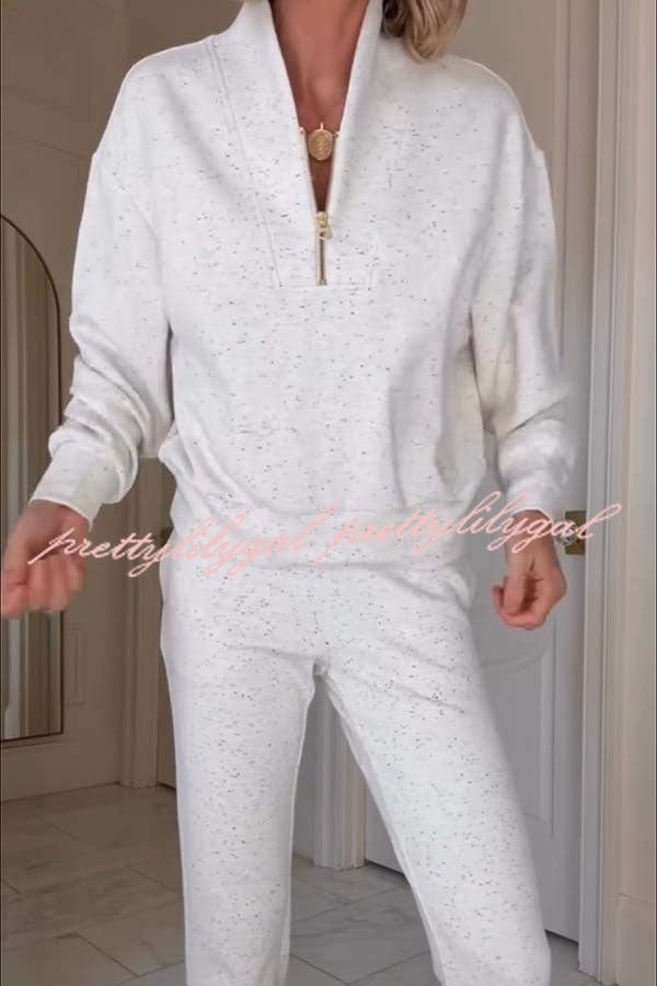 Ivory Marl Fleck Half-Zip Neck Long Sleeve Sweatshirt and Elastic Waist Pocket Jogger Set