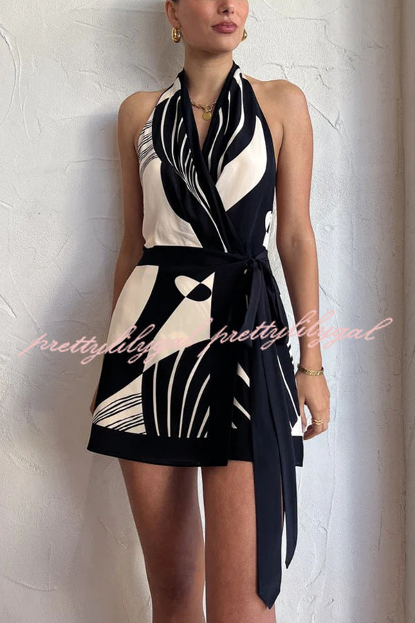 Unique Printed Open Back Waist Tie Holiday Mini Dress