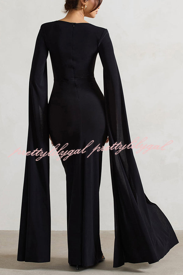 Elegant Goddess Square Neck Twisted Cape Sleeve Slit Maxi Dress