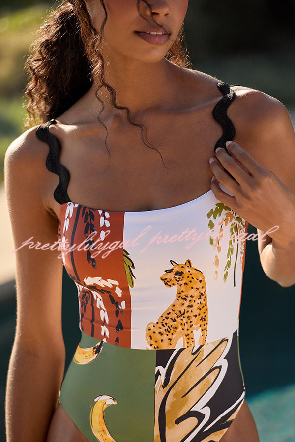 Nature Beauty Unique Leopard Print Ric Rac Strap Stretch One-piece Swimsuit