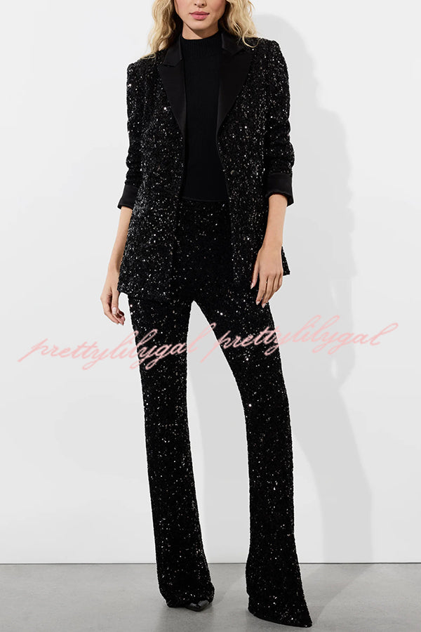 Sparkle Season Sequin High Rise Elastic Waist Stretch Flare Party Pants