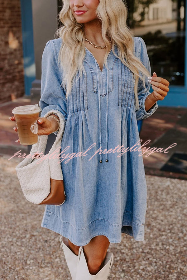 Fate Would Have It Denim Playful Pleats Pocket A-line Mini Dress