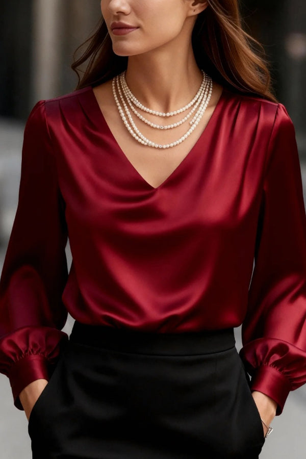 Solid Color Satin V-neck Puff Sleeve Casual Shirt