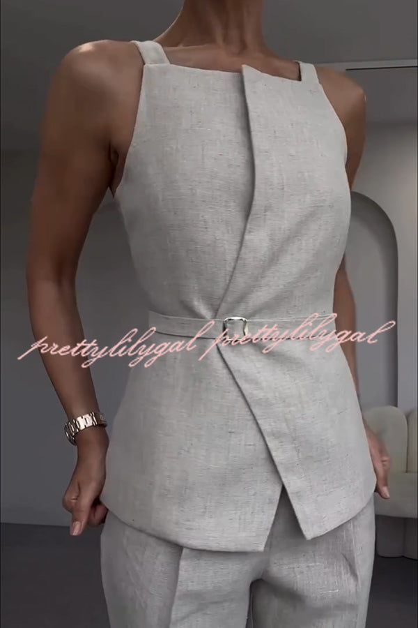 Tylah Linen Blend Square Neck Belted Vest and High Rise Pocket Loose Tapered Trousers Set