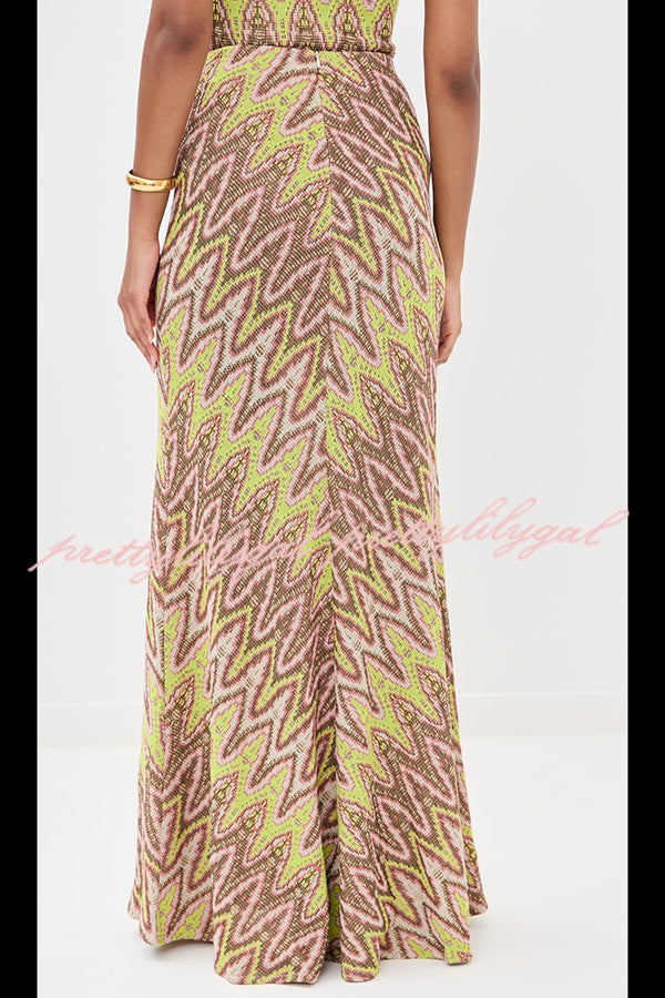 Moonlit Waltz Knit Jacquard Zigzag Print High Rise Stretch Flare Maxi Skirt