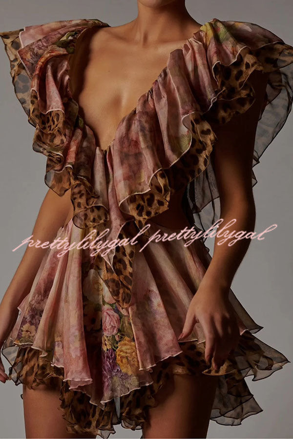 Dreamy Island Floral Leopard Print Cutout Waist Tiered Ruffles Mini Dress