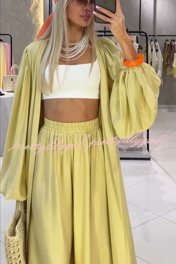 Beach Cottage Open Front Long Pleated Lantern Sleeve Long Cover-up Jacket