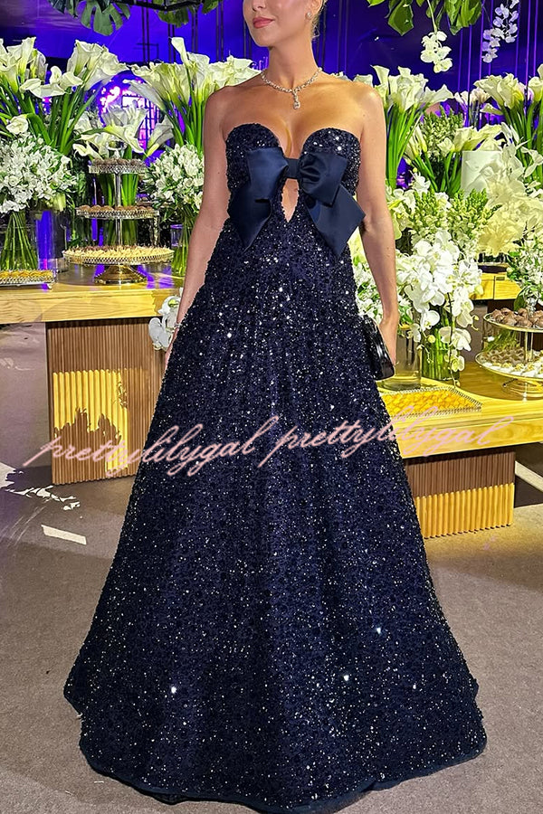 Sparkling Sky Sequin Satin Bow Detail Off Shoulder Prom Maxi Dress
