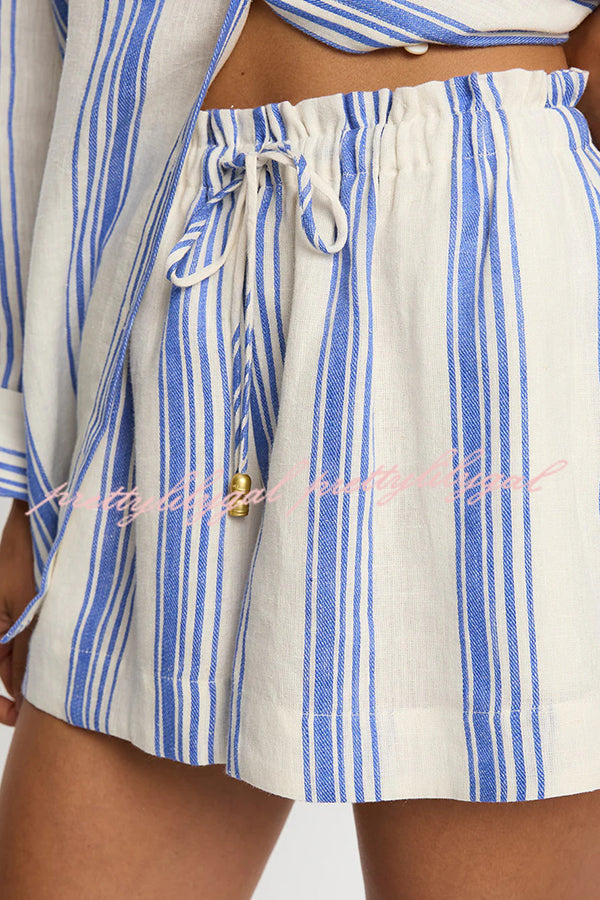 Stripe Print Lapel Long-sleeved Casual Shirt and Elastic Waist Loose Shorts Set