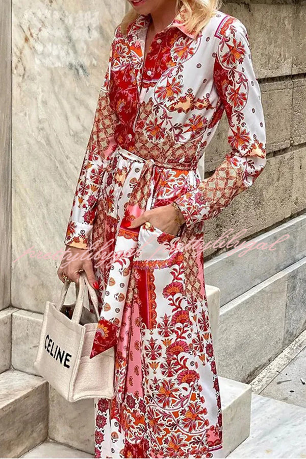 Bohemian Style Unique Printed Shirt Waist Tie Maxi Dress