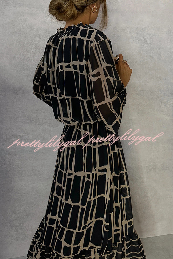 Unique Printed V-neck Tie-up Waist Long-sleeve Maxi Dress