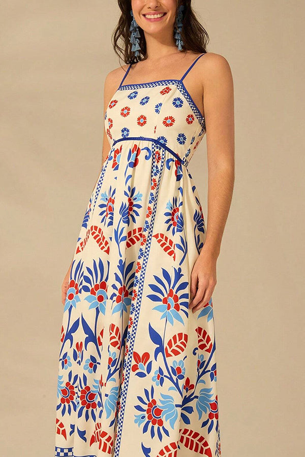 Unique Printed Sling Back Pleated Loose Holiday Maxi Dress