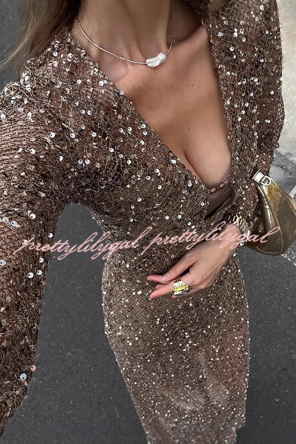 Fashion Sequined Hollow V-neck Long-sleeved Holiday Midi Dress