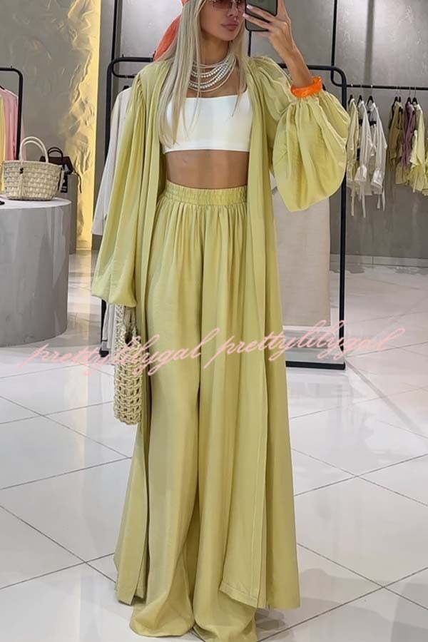 Beach Cottage Open Front Long Pleated Lantern Sleeve Long Cover-up Jacket