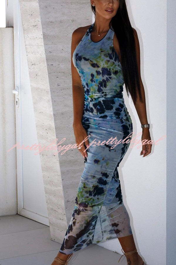 Avalon Mesh Color Splash Ink Print Ruched Halter Stretch Midi Dress