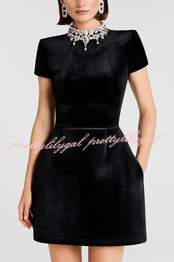 Regan Luxurious Velvet Jewel-encrusted Turtleneck Short Sleeve Pocket Tulip Mini Dress