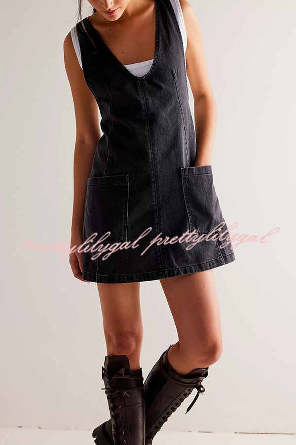 Solid Color Sleeveless V-neck Pocket Adjustable Denim Suspender Mini Dress