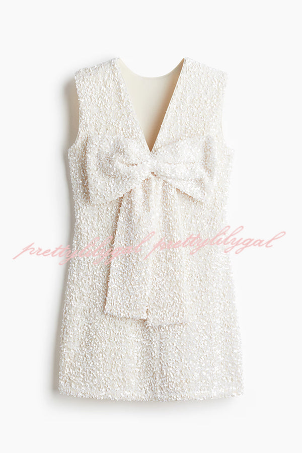 Glam Season Velvet Sequin Back Oversized Bow Design Sleeveless Loose Mini Dress