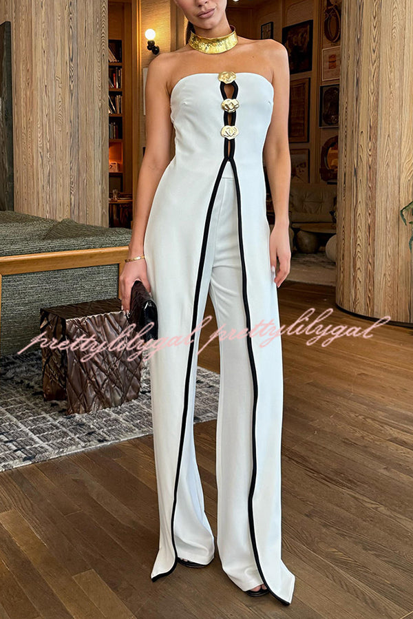 Fashionable Contrast Color Off-shoulder Metal Decoration Casual Elegant Jumpsuit