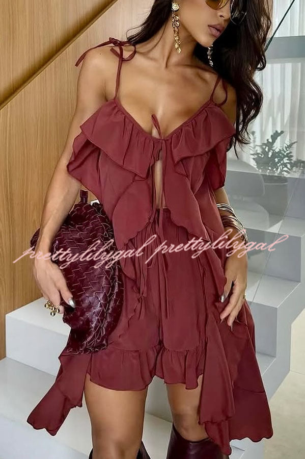 Beauty of Flow Ruffles Tie-up Slit Midi Top and Elastic Waist Shorts Set