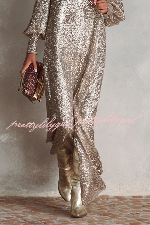 Minimalist Sparkling Sequin V-neck Long Balloon Sleeve Slit Party Maxi Dress