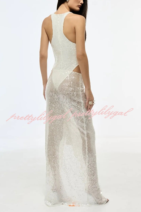 Fashion Sequin Sleeveless Fitted Rompers and Holiday Slit Maxi Skirt Set