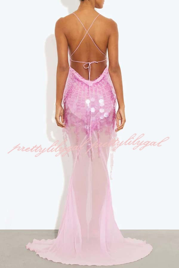 Perfect Night Sequin Embroidery Backless Drape Tulle Hem Slip Maxi Dress