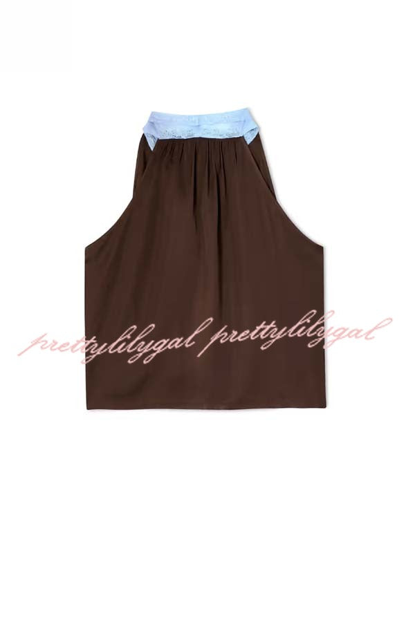 Sunday Social Contrast Color Satin Lace Trim Neck Strap Loose Tank