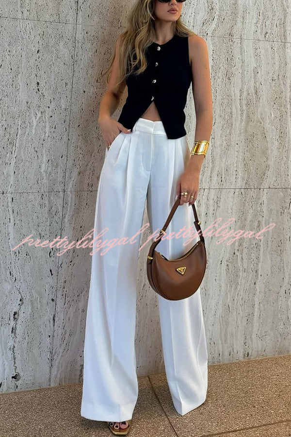 Solid Color Waist Pocket Loose Wide Leg Pants