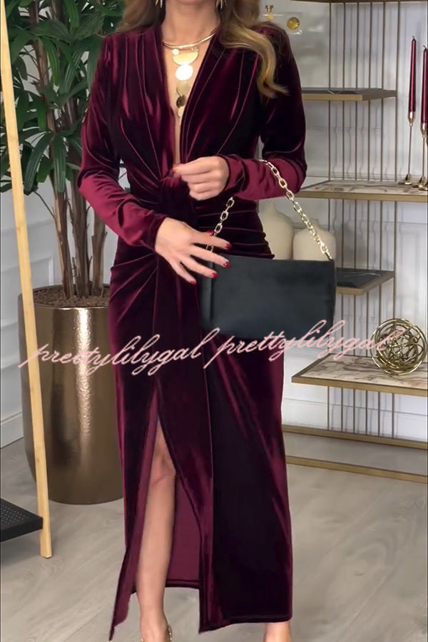 Creating Romance Velvet Ruched Drape Long Sleeve Stretch Maxi Dress