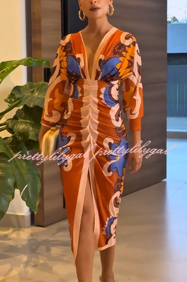 Bahamas Unique Print Dolman Long Sleeve Ruched Slit Midi Dress