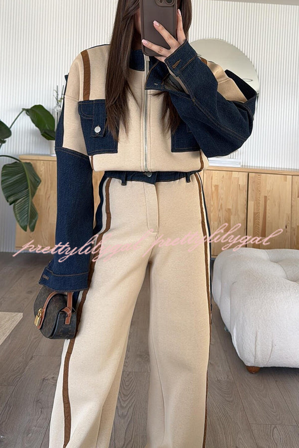 Chill Whispers Denim Patchwork Sweatshirt Fabric Zipper Long Sleeve Pocket Loose Jacket