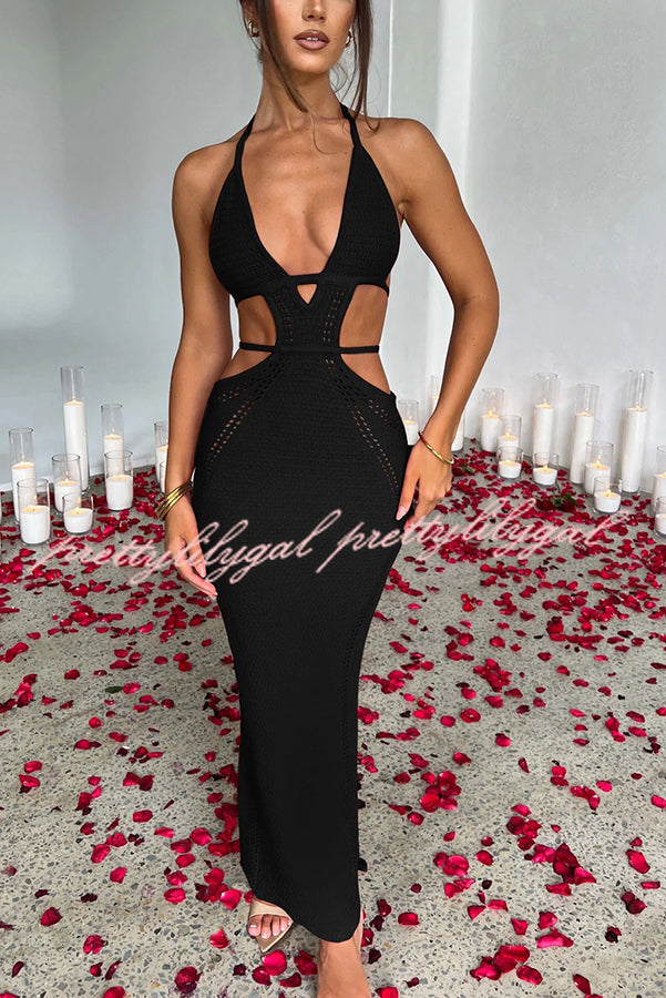 Effortlessly Cool and Sexy Knit Crochet Cutout Halter Tie-up Stretch Maxi Dress