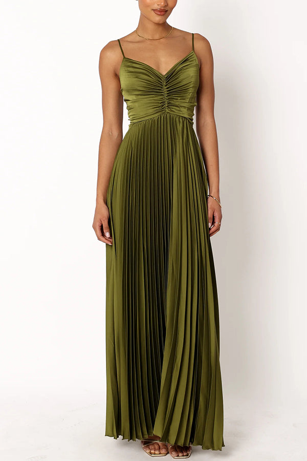 Catch The Light Satin Pleated V-neck Slip Maxi Dress