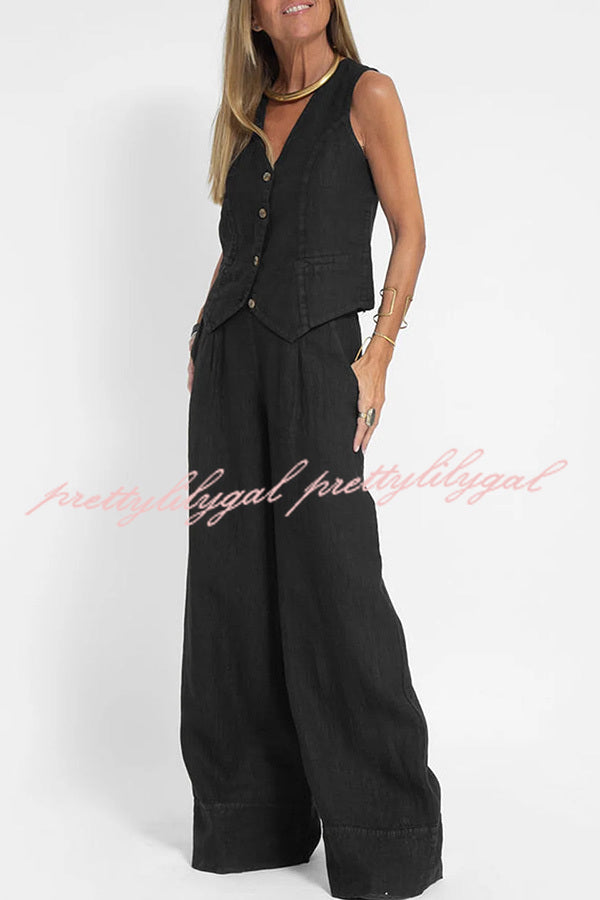 Eddie Linen Blend Button Vest and Elastic Waist Pocketed Wide Leg Pants Set