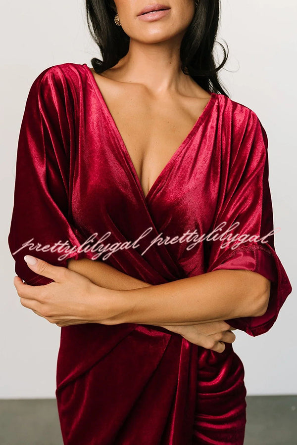 Brendy V Neck Half Sleeve Velvet Pleated Midi Dress