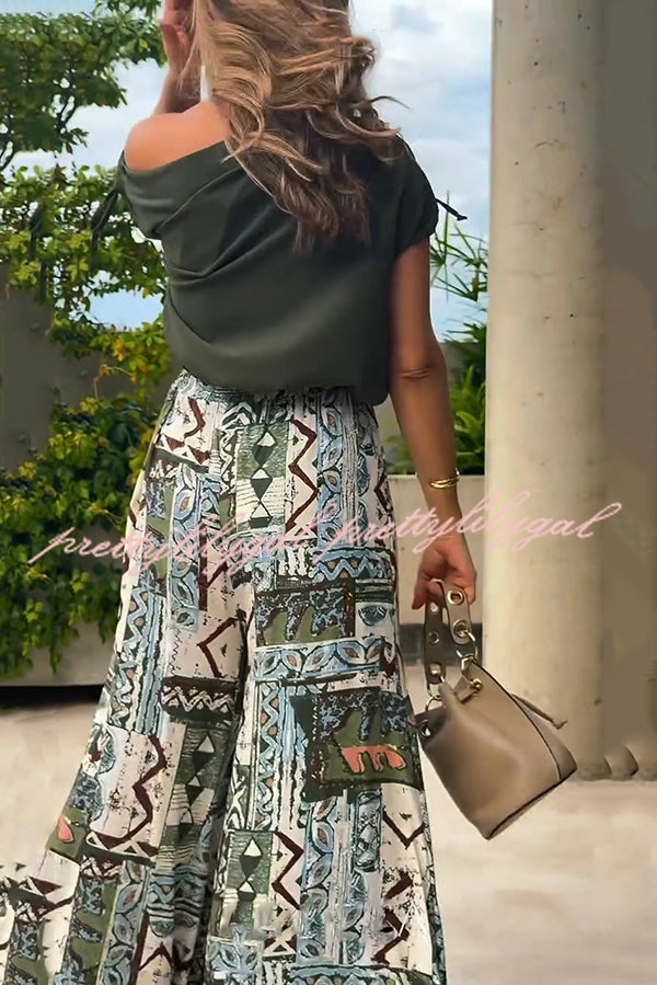 Terrace View Off Shoulder Tie Loose Top and Elastic Waist Unique Print Loose Pants Set
