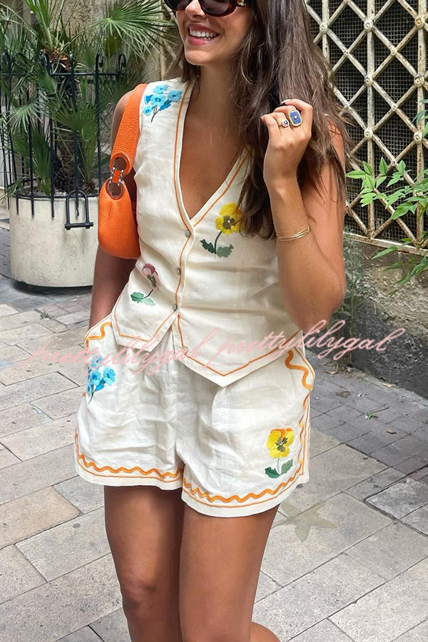 Summer Flower Printed Linen Blend Button Vest and Elastic Waist Pocketed Shorts Set