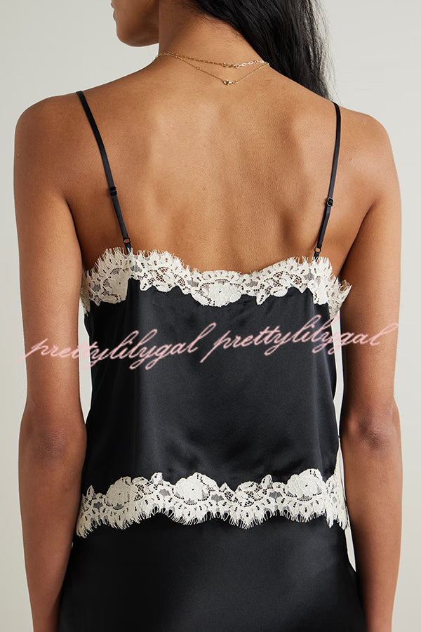 Celebration Look Contrast Color Satin Lace Trim V-Neck Slip Tank