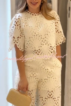 Eliose Scallop Cutout Embroidery Lace Short Sleeve Loose Top