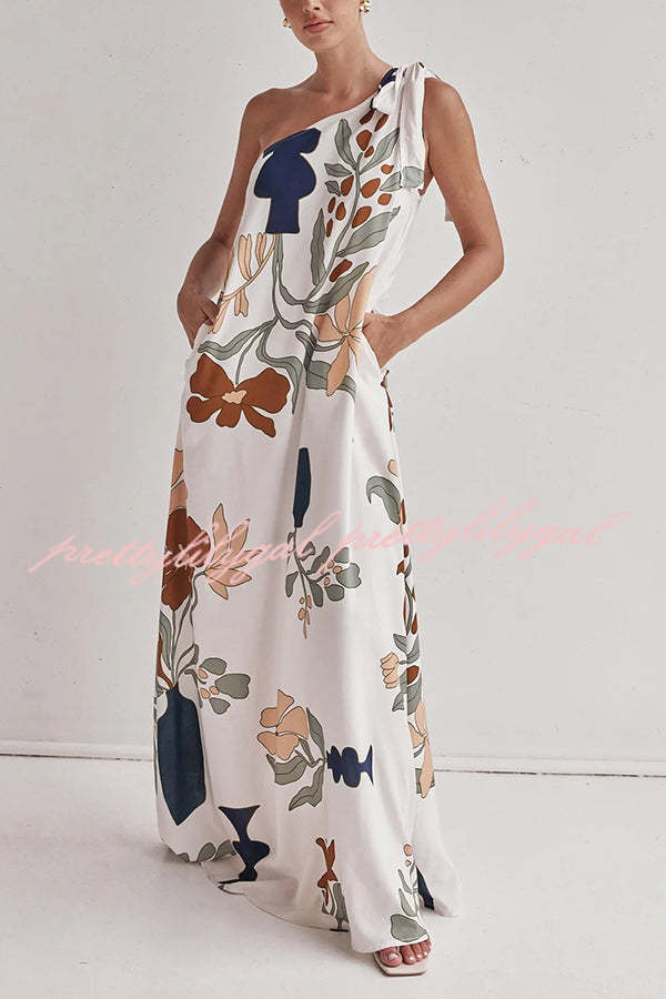 Matches The Vacation Unique Print One Shoulder Tie-up Pocketed Loose Maxi Dress