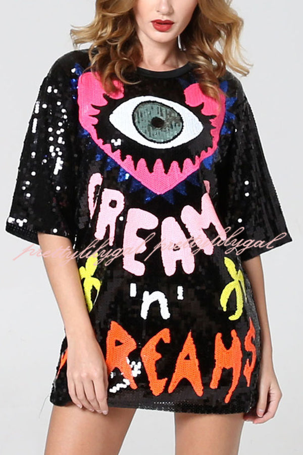 Love Eyes Letters Sequined Round Neck Short Sleeve Mid-Length Loose T-Shirt