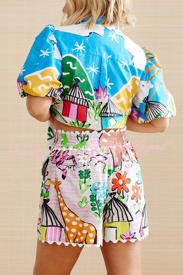 Unique Printed Wave Lace Puff Sleeve Loose Shirt and Elastic Waist Pocket Shorts Set